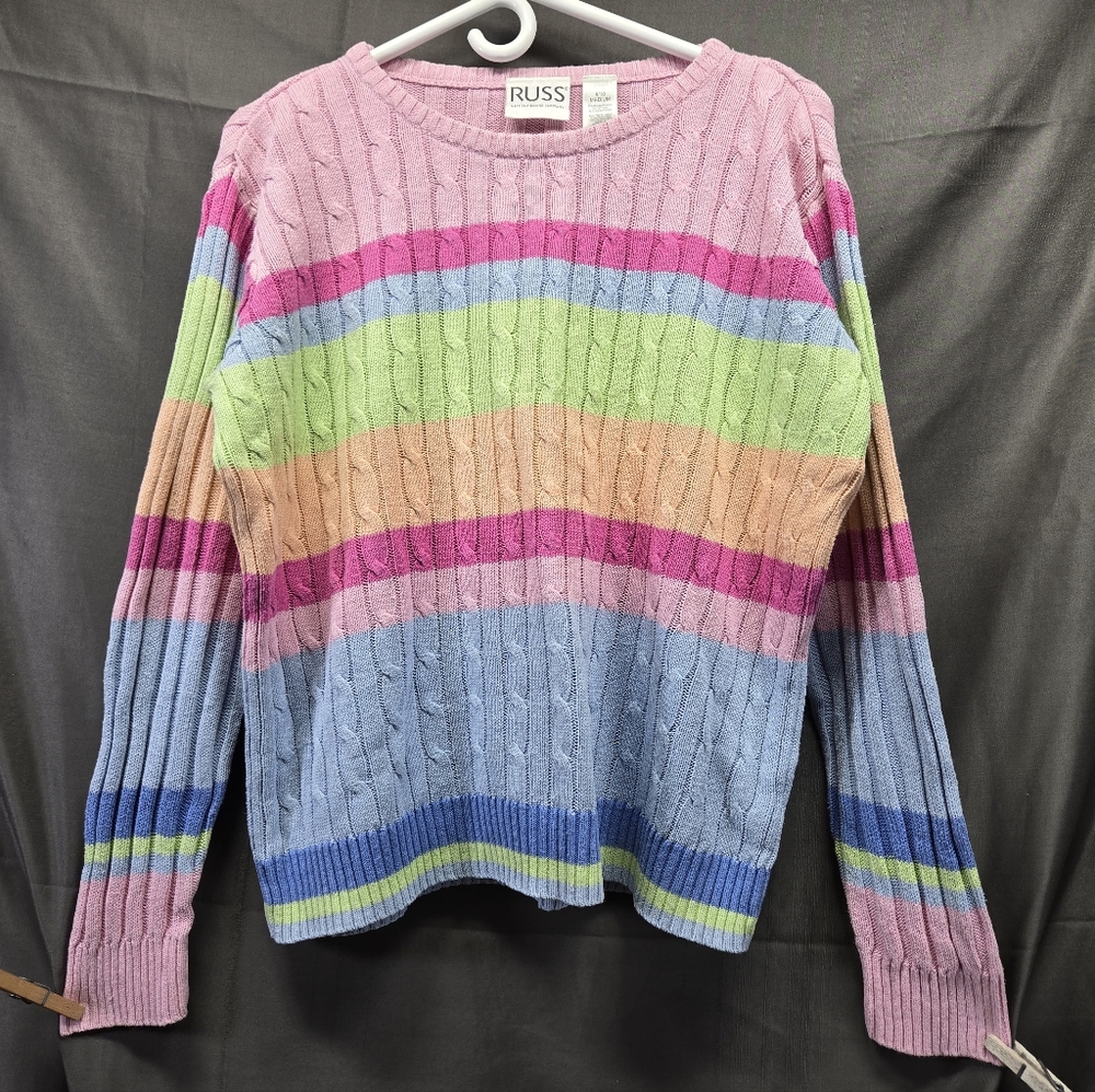 Russ Pastel Multicolor Striped Cable Knit Crew Sweater Women's Medium